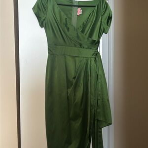 xs | pinup couture | “ava” green satin faux wrap dress
